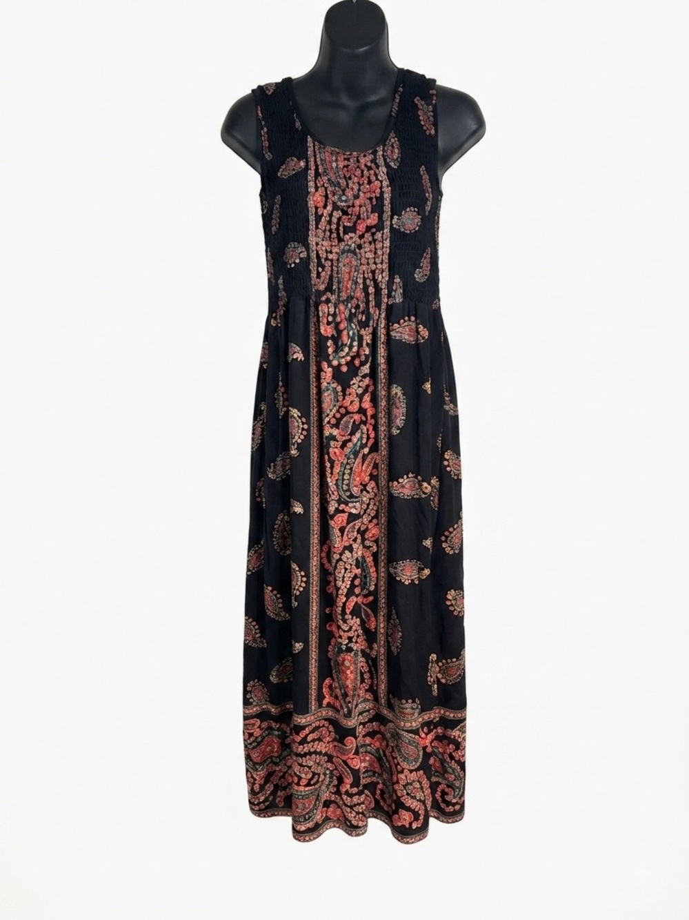 Kim Rogers black maxi dress intricate red pink paisley medium